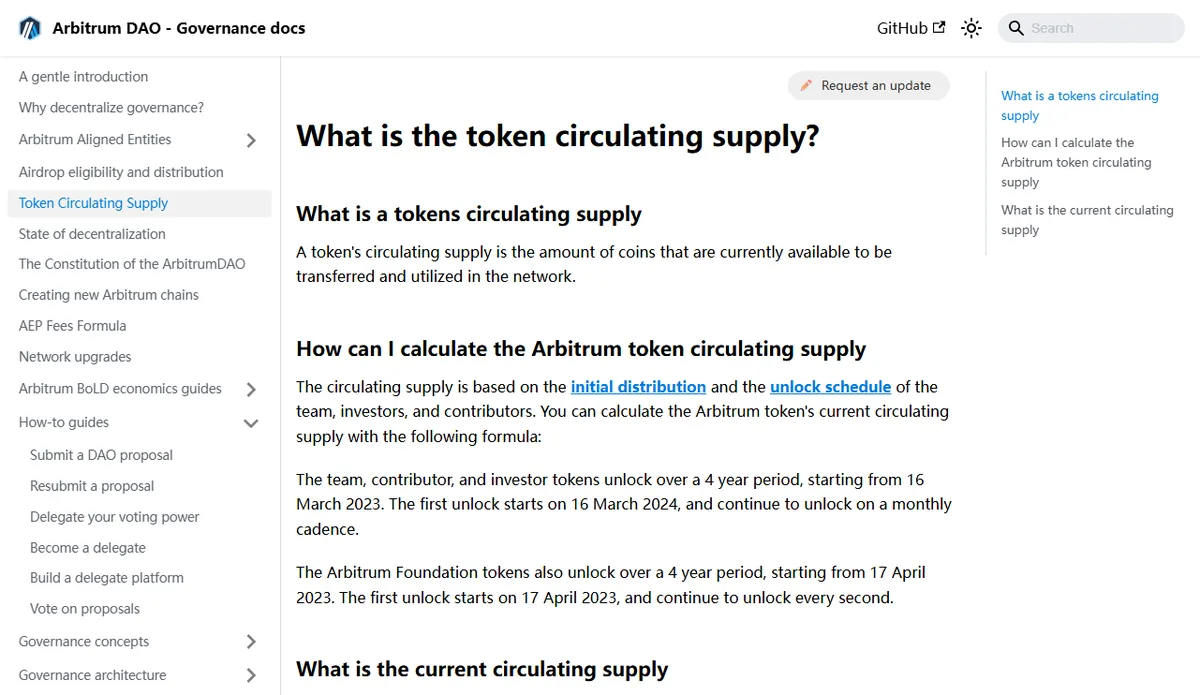 Arbitrum DAO 治理文档 What is the token circulating supply 页面，正文写明团队、贡献者和投资者的代币从 2023 年 3 月 16 日起分 4 年解锁，基金会的代币从 2023 年 4 月 17 日起按秒解锁