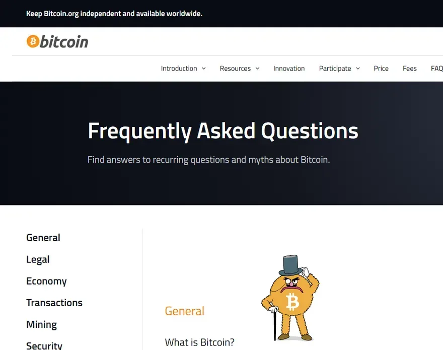 bitcoin.org 的 Frequently Asked Questions 常见问题页，左侧是 General、Legal、Economy、Transactions、Mining、Security 等分类