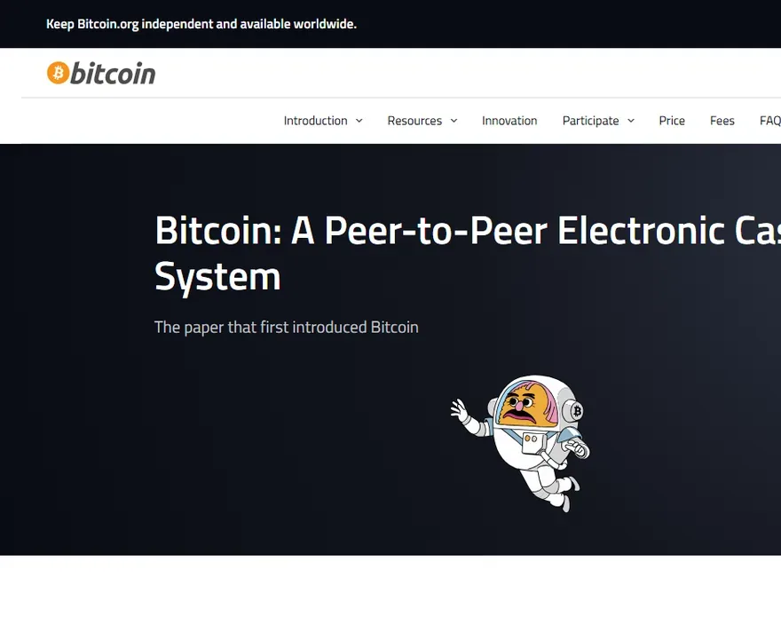 bitcoin.org 上比特币白皮书的介绍页，标题为 Bitcoin: A Peer-to-Peer Electronic Cash System，副标题写着这是首次介绍比特币的论文