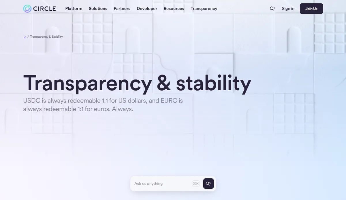 Circle 官网 Transparency & stability 透明度页的首屏，写着 USDC 可以随时按 1 比 1 赎回美元
