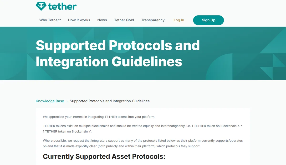 Tether 官网 Supported Protocols and Integration Guidelines 页面，正文说明 USDT 存在于多条区块链上，下面是当前支持的协议列表